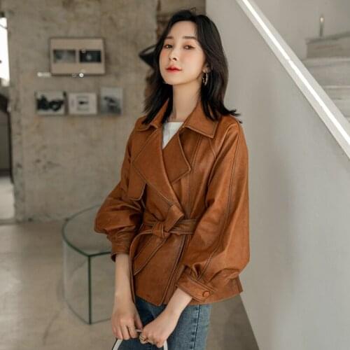 2021 Autumn/Winter High-Quality Sheepskin Jacket Womens Short Lapel Korean Lace-Up Windbreaker Leather Coat