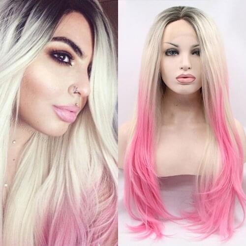 Synthetic Lace Front Wig Pink Blonde Ombre Lolita Wigs For Black Women Cosplay Long Wavy Frontal Heat Resistant Fiber Hair
