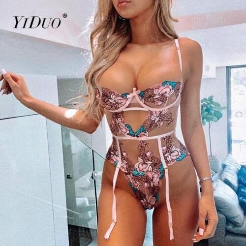 YiDuo Bodycon Sexy Floral Embroidery Pink Bodysuit Skinny See Through Mesh Body Top Women Lace Lingerie Cut Out Bodysuits