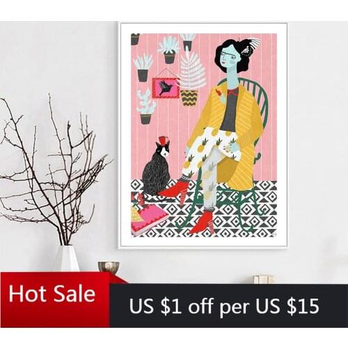 Nordic Modern Women and Cat Abstract Personality Canvas Painting Art Print Poster Picture Wall Living Home Room Decor Wall Decor