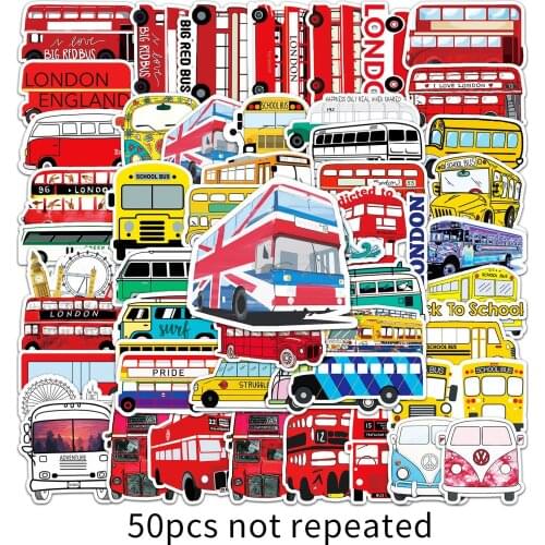 10/50PCS Engineering Vehicle Car Sticker Cute Bus Truck Motorcycle Stickers for Kids Toy Travel Trolley Laptop Skateboard Suit