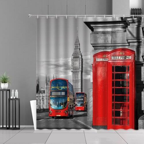 London Big Ben City Street Landscape Shower Curtain Red Bus Telephone Booth Tower Europe Architecture Bath Curtains Waterproof