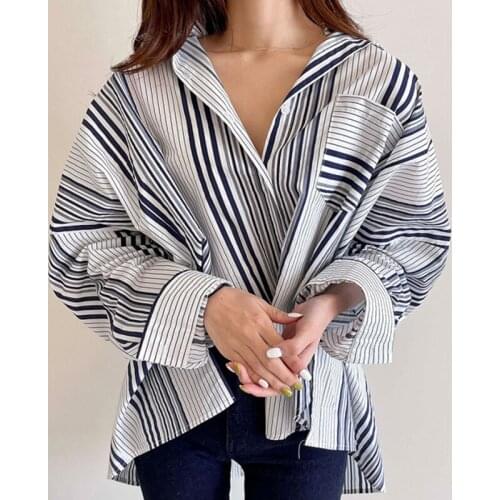 ZCSMLL Korean autumn casual lapel contrast color stripe design loose and versatile single-breasted long-sleeved shirt top women