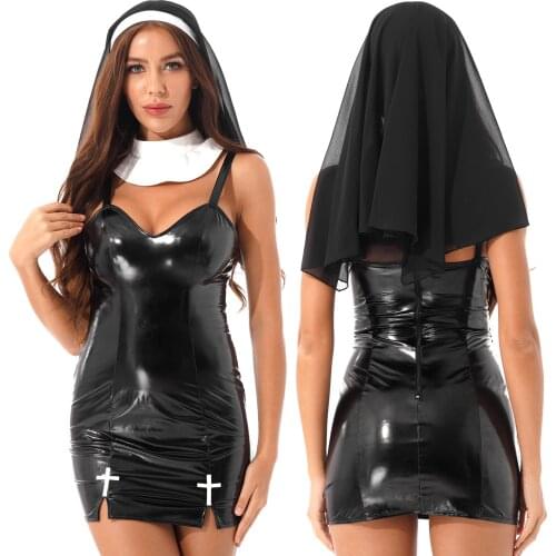 Womens Nun Priest Uniform Fancy Cosplay Costume Set Glossy Patent Leather Split Hem Zipper Mini Dress with Headscarf Collar