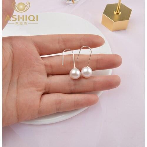 ASHIQI Real Natural Freshwater pearl Big Round Pearl Drop Earrings for Women 925 Sterling Silver Jewelry Gift