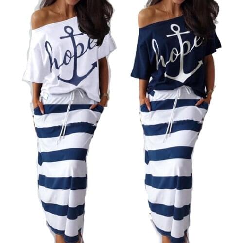 2021 hot style navy casual anchor letter print short-sleeved T-shirt + skirt suit