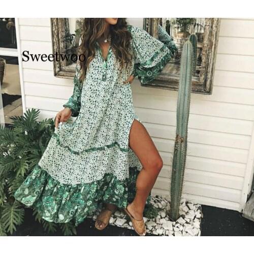 Lantern long sleeve chiffon maxi women dresses summer 2020 green floral pirnt beach wear Side split boho vestidos dress