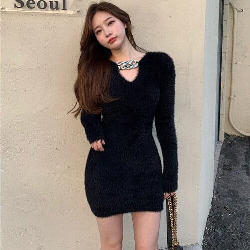 One-Piece Sweater Women Mini Dresses Autumn Winter French Chic V Collar Slim Long Sleeve Knitting Dress Korean Ladies Dress 2021