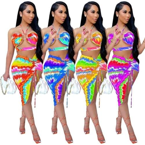 ZKYZWX Tie Dye Bandage 2 Piece Set Hollow Out Crop Top Bodycon Midi Dress Summer Beachwear Outfits Sexy Night Club Matching Sets
