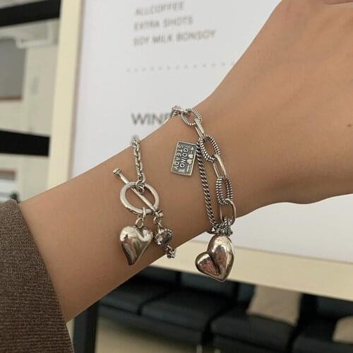 925 Sterling Silver Vintage Love Heart Bracelet Tassel Chain Cool hip hop Student Hand Accessories