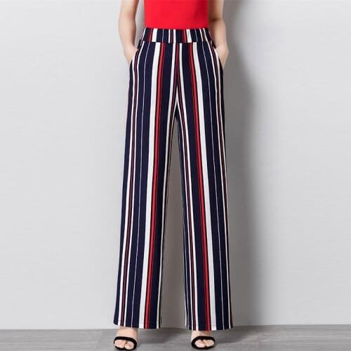 Casual Striped Wide Leg Pants Women Fashion Elastic High Waist Loose Straight Leg Trousers Big Size Korean Spring Pants Female