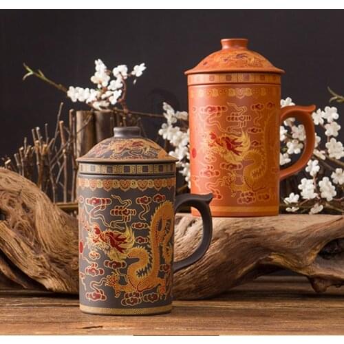 Office home Cup Zisha Teacup Gift Traditional Mug Tumbler Chinese Dragon Purple Clay Tea Mug with Lid Strainer Retro Handmade
