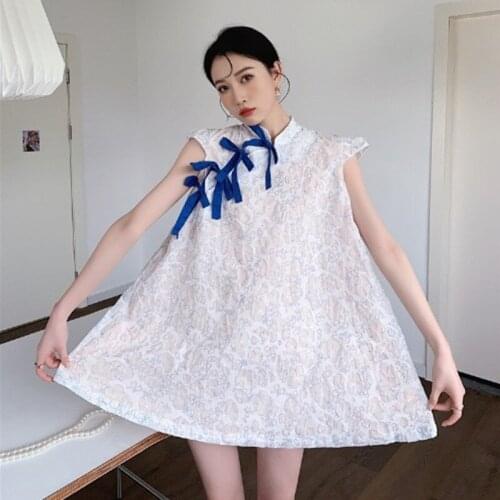 Retro Literary Girl Cheongsam Dress Women Summer Modern Chic Girl Improved Chinese Dress Qipao Bow Tie Sweet Vintage Dress 31232