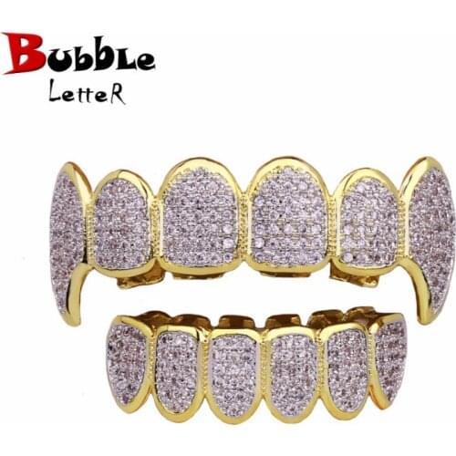 Shining Hip Hop Grillz Iced Out CZ Fang Mouth teeth grills Caps Top & Bottom tooth Set Men Women Vampire Grills Fashion Jewelry