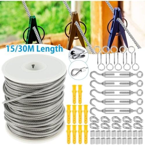 30M 15M 304 Stainless Steel PVC Coated Flexible Wire Rope Cable Transparent Stainless Steel Clothesline Set Home Accessories