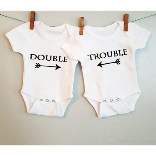 DERMSPE Double Trouble Baby Girls Boys Bodysuit Cotton Summer Short Sleeves Jumpsuit Twins Baby Clothes Unisex O Neck Romper