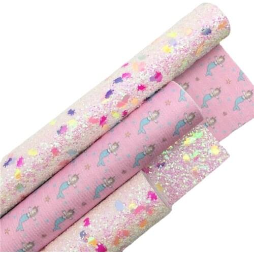 LEOsyntheticoDIY Double Sides Unicorn Chunky Glitter Vinyl Fabric Sheet Felt Backing with Printed Mermaid Bows DIY A4 SIZE 6S63