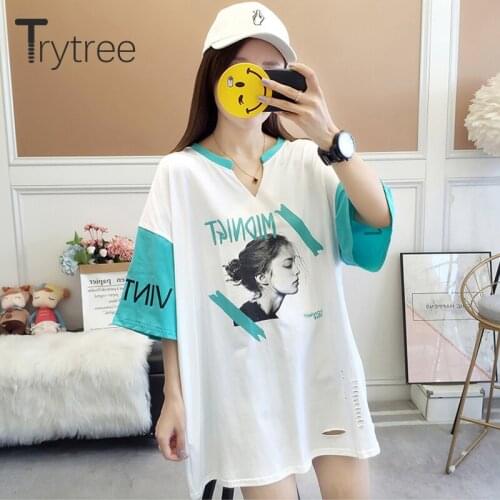 Trytree 2021 Summer Casual Woman T-shirt Cotten Blend T-shirt Printed Girl Patchwork Colour Half Sleeve Hole Hem Tops For Women