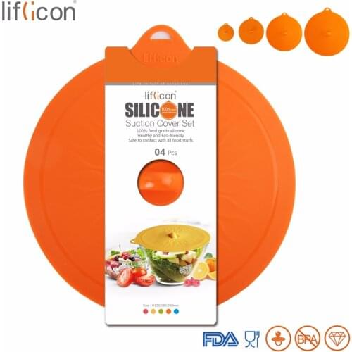 Liflicon 4pcs Silicone Suction Lids Glass Lid Spill Stopper Cover for Pot Pan, Bowls, Cups Airtight Seal Set Microwave/Oven Safe