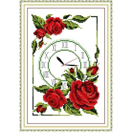 Joy Sunday Garland of Roses Clock Embroidery Floss Wall Decor Needlework Pattern Cross Stitch Set 11CT 14CT PrintED Cross Stitch