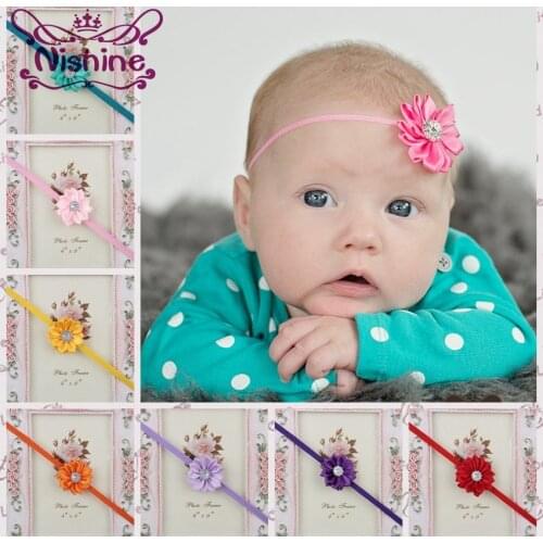Nishine 17 Colors Mini Newborn Kids Girls Satin Ribbon Flower Headbands With Acrylic Rhinestone Photography Props Hair Accessory