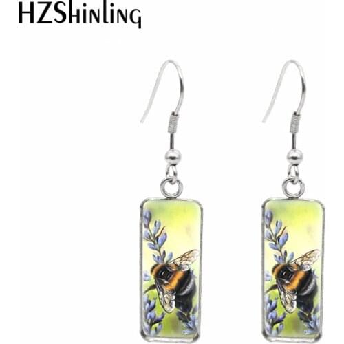 2021 New Bee on Daisies Rectangular Earring Honey Bee Fish Hook Earrings Glass Cabochon Handmade Jewelry