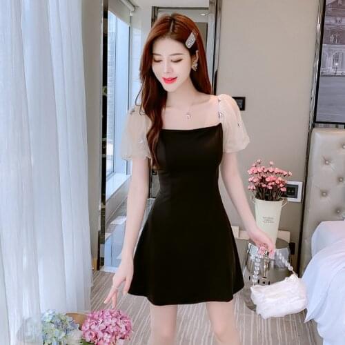 COIGARSAM Women one-piece dress korean New Summer High Waist Square Collar Dresses Black 6131