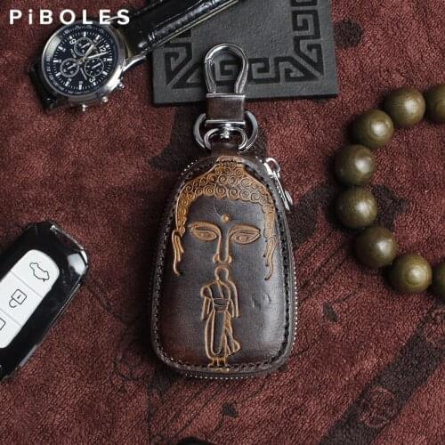 Handmade Genuine Leather Car Smart Key Bag Retro Embossed Mini Wallet For Women Large Capacity Organizer Key Holder Zipper Pouch