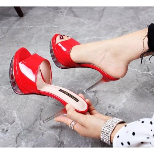 Women Shoes Slippers Black Red Wedding Shoes Transparent Thin Heel Sexy Slippers Platform High Heels Nightclub Sandals Pumps
