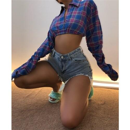 XLLAIS Women Cool Street Tops Long Sleeve Plaid Stripes Tees Ladies Loose Blue T-Shirts Short Casual Hip Hop Clothes Tshirt