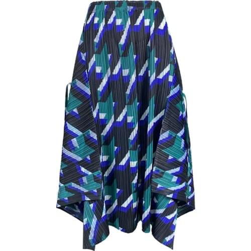 Miyake pleated 2021 Spring Summer houndstooth A-line skirt high waist korean fashion pleated long skirts suit
