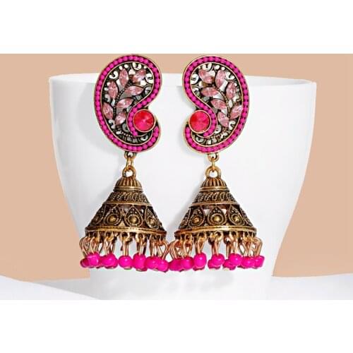 2021 Vintage Pink Rhinestone Leaf Earrings For Women Kolczyki Retro Gold Alloy Tassel Bells Earrings Bijoux