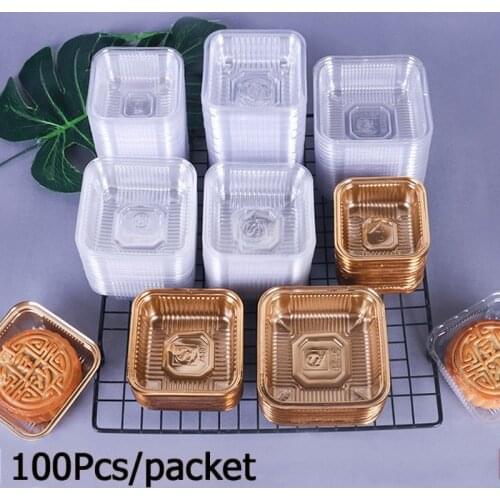 100Pcs Golden Transparent Moon Cake Tray Moon Cake Box Container Food Packaging Box Square Bakewares Decoration