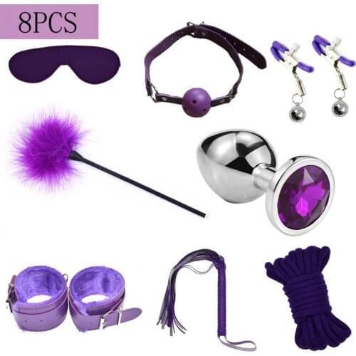 8Pcs Adult Sex Toys for Couples Bondage Handcuffs Nipple Clamps Whip Spanking Sex Anal Plug Butt Bdsm Toy Set