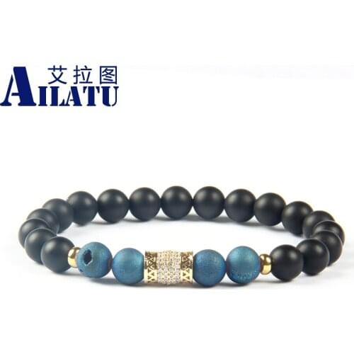 Ailatu Powerful Jewelry Wholesale 8mm Matte Onyx & Blue Purple Scrubs Openings Laugh Stone Clear Cz Rectangle Tube Bracelet