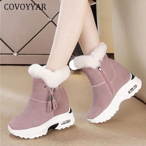 COVOYYAR 2021 Winter Fur Lady Platform Sneakers Warm Plush Wedge Women Shoes Geniune Leather Rabbit Fur Ankle Boots WSN330
