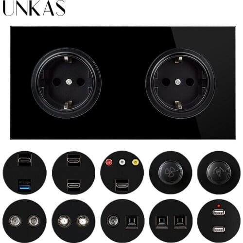 UNKAS Dual EU Black Glass Panel Socket + HDMI-Compatible USB TV RJ11 Telephone RJ45 Computer Dimmer Fan Regulator 172MM Switch