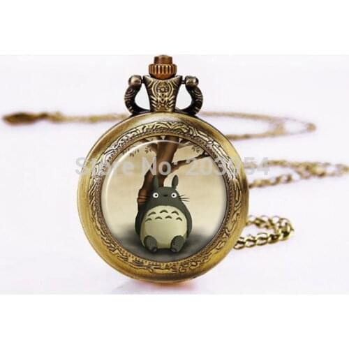 Brass Pocket watches 12pcs/lot My Neighbor Totoro Vintage Watch jewelry 1"inch Pendant Necklace with Battery steampunk antique