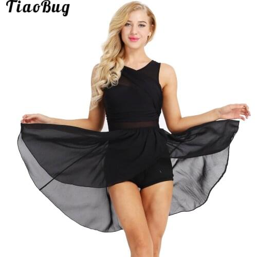 Summer Women Adult Sleeveless Ballet Dress Cut Out Asymmetric Chiffon Stretchy Dance Gymnastics Leotard