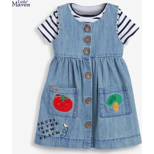Little Maven Summer Baby Girl Clothes Children Fruit Denim Color Sundress Pinafore Sleeveless Pocket Dress for Kids 2-7 Years