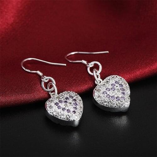 Fashion 925 Silver Earrings Purple Zircon Crystal Heart Earrings Woman Glamour Jewelry Gifts