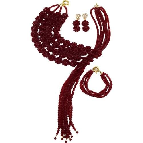 Fashion Wine Ball Beaded Nigerian Wedding African Beads Crystal Bridal Party Jewelry Sets BS001