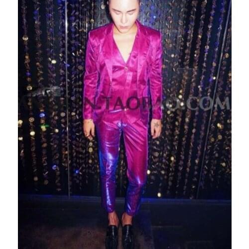 Man Fashion Illusion Rose Red Purple 3 pieces Slim Suits Stage Host Dress Costumes Nightclub DJ Male singer performance wear