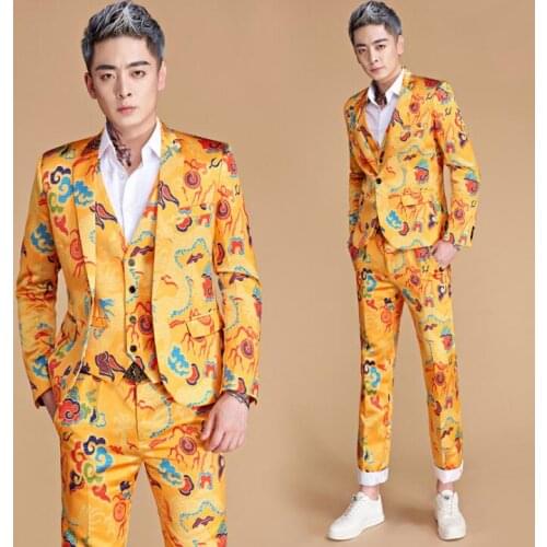 Singer star style dance stage printing clothing for men groom suit 2020 mens wedding suits costume Chinese dragon formal dress