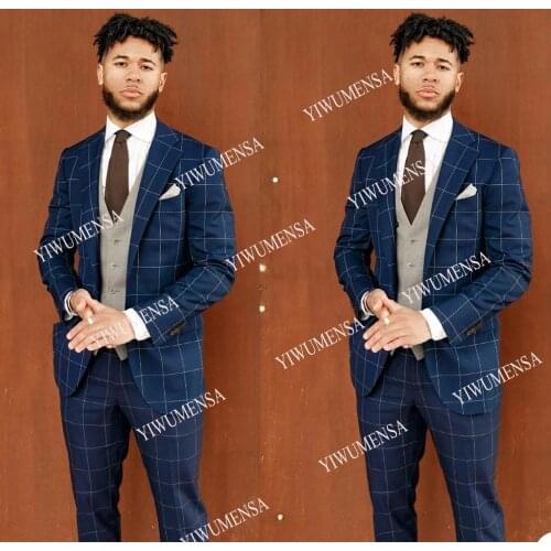 YIWUMENSA Navy Blue Plaid Men Suits For Wedding Groom Single Breasted Jacket+Grey Vest+Pants Business Formal 3 Pieces Blazers