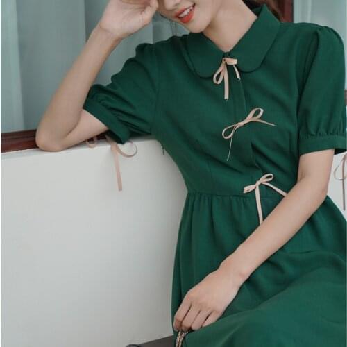 Korean Casual Elegant One-piece Dress Women Summer Beach Green French 70s Clothes Vintage Style Midi Party Dresses Ladies 2021
