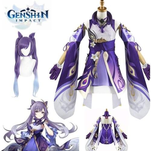 In stock Anime Game Genshin Impact Keqing Cosplay Costumes Genshin Ke Qing Halloween Keqing Ponytails Mixed Purple Cosplay Wig
