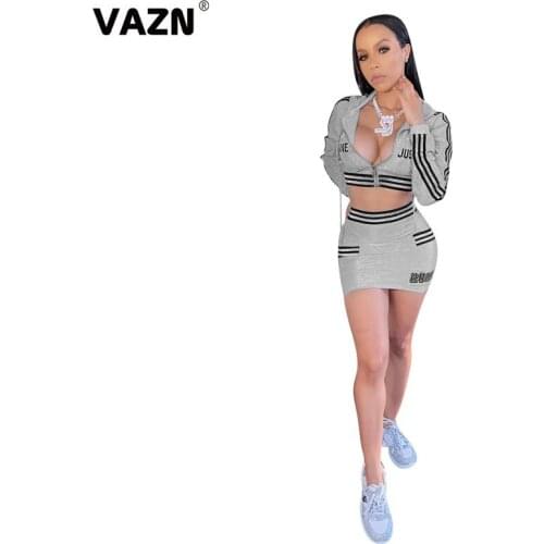 VAZN 2020 Top Quality Sexy Young Sweet Daily Solid Hooded Full Sleeve Cloth Top High Waist Mini Skirts Slim Women 2 Piece Se
