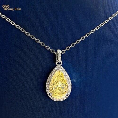 Wong Rain 925 Sterling Silver Pear Cut Pink Sapphire Created Moissanite Citrine Gemstone Romantic Pendant Necklace Fine Jewelry