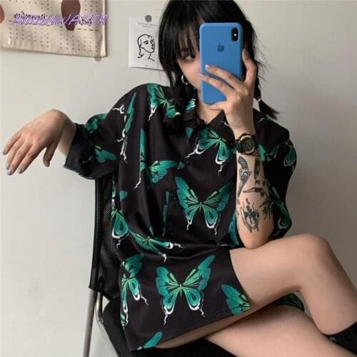 Women Shirt 2021 Korean Men Harajuku BF Chic Shirts Oversize Vintage Short-sleeved Blouse Punk Butterfly Print Tops